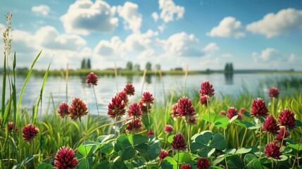 Blooms of crimson clover on a meadow by the river