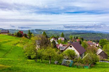 Rural mountain village landscape in Beskid Niski mountains, Poland