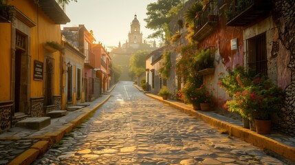 Fototapeta premium Cobblestone Street in a Mexican Town at Sunrise With a Church in the Distance