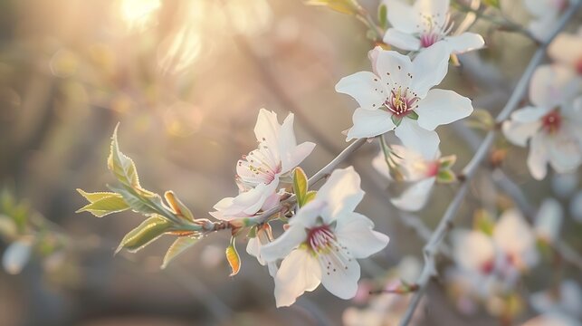 Closeup of white almond blossoms on a branch with a soft focus of blooming trees in the background : Generative AI