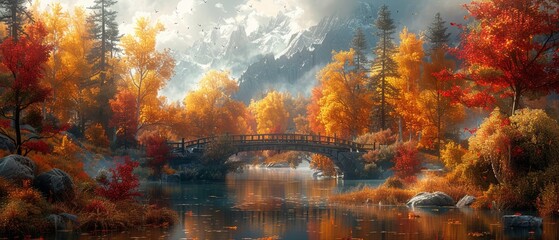 A valley filled with trees in vibrant autumn colors, with a meandering river and a rustic bridge.