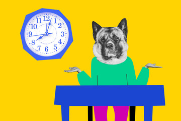 Composite photo collage of human instead head dog mask sit table watch dial deadline concept time management isolated on painted background