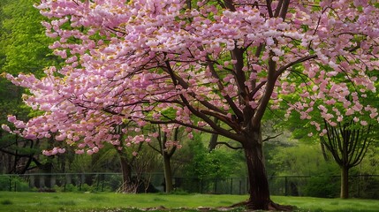 Fototapeta premium Cherry tree blossom explosion in Hurd Park Dover New Jersey Same trees with green summer foliage can be found by searching for photo ID 707340079 : Generative AI