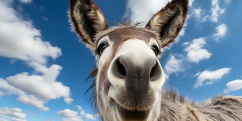 Donkey making a funny face against a blue sky backdrop. Concept Funny Donkey Portraits, Silly Animal Poses, Blue Sky Backgrounds