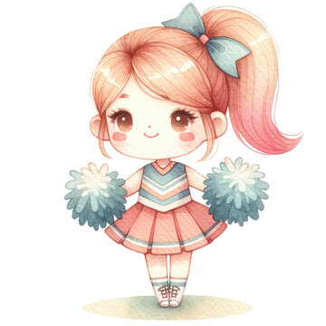 recommend clip art: Cute animated girl pink dress, and blue ribbon in hair, cheerleader with pom-poms,  Transparent background