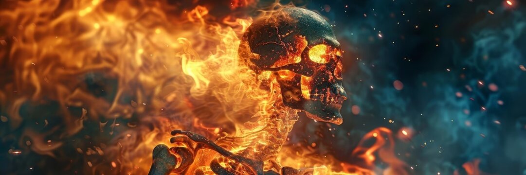 Terrifying side profile of a horror figure, a demonic skeleton blazing with intense fire flames, surrounded by a chaotic hellfire scene, created in a vivid CG 3D render with photorealistic detail