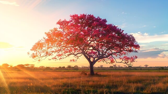 Pink lapacho tree at suns back light Transpantaneira road Pantanal Matogrossense POCONE MATO GROSSO BRAZIL : Generative AI