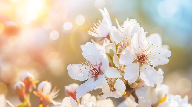 Closeup of white almond blossoms on a branch with a soft focus of blooming trees in the background : Generative AI