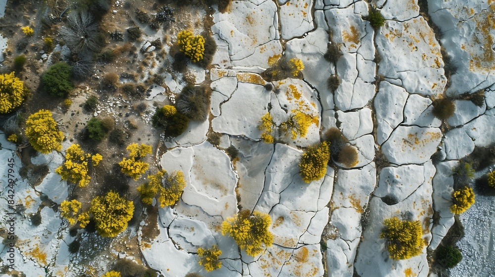 Poster top view of aerial view over alcarria landscape with contrasting patches of yellow blooming trees an