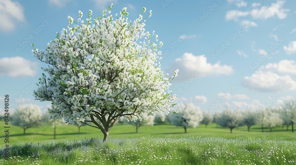 Poster White blooming tree in a green  meadow first blooming tree of the year : Generative AI