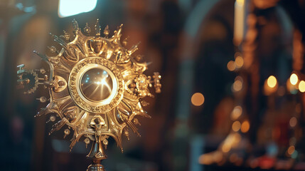 *An ostensory used for worship during a Catholic church ceremony specifically for the adoration of the Blessed Sacrament is an integral part of the Eucharistic Holy Hour observed in the Cath
