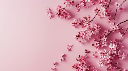 Spring cherry tree in bloom creative layout Sakura pink flowers in springtime background Beauty in nature Design element Top view flat lay : Generative AI