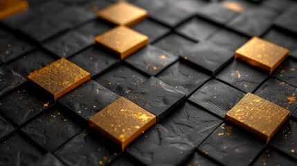 Elegant abstract design with black textured background and shiny gold squares in a geometric pattern.