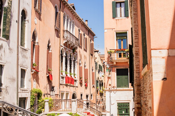 Landscape of Venice views, concept of vacation in Italy. Old part of city center. Ideas for journey.