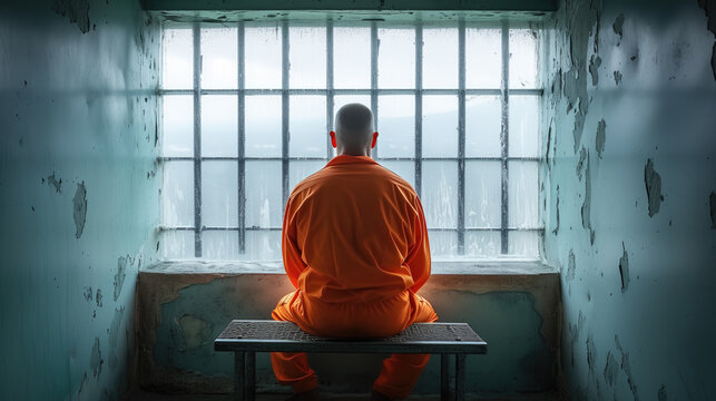 Prisoner Looking Out Window. Inmate in orange jumpsuit sitting on bench looking out barred window in prison cell. Solitude and reflection concept.
