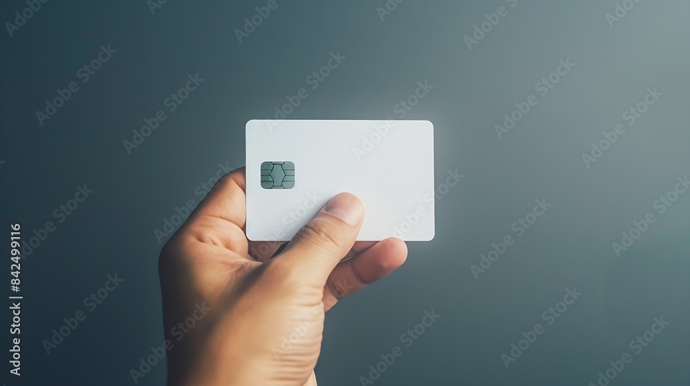 Poster hand holding blank white credit card mockup with rounded corners plain creditcard mock up template w