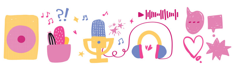 Set of record studio device. headphones, microphones, speaker. Concept of podcast, radio, broadcasting. Hand drawn vector illustration. Flat cartoon style clip art for music. Banner