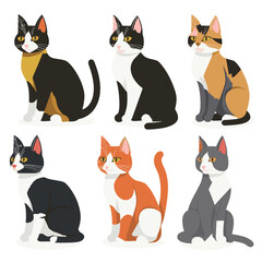 Six cartoon cats various coat patterns presented against isolated white background, cat displays unique combination colors such black, white, orange, gray. Cats appear different postures, showing