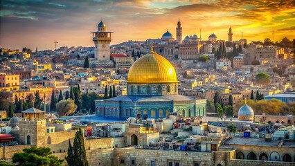 A vibrant and textured cityscape unfolds, showcasing the ancient walls of Jerusalem, its golden Dome of the Rock, and the bustling streets below