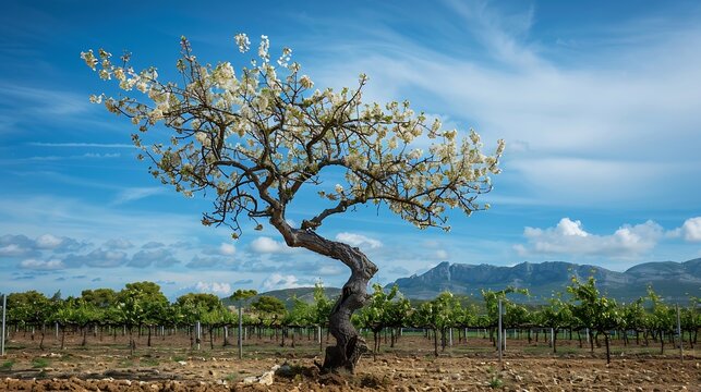apricot tree in bloom vines of Sa Carrera Mesquida Mora Porreres Mallorca balearic islands Spain : Generative AI