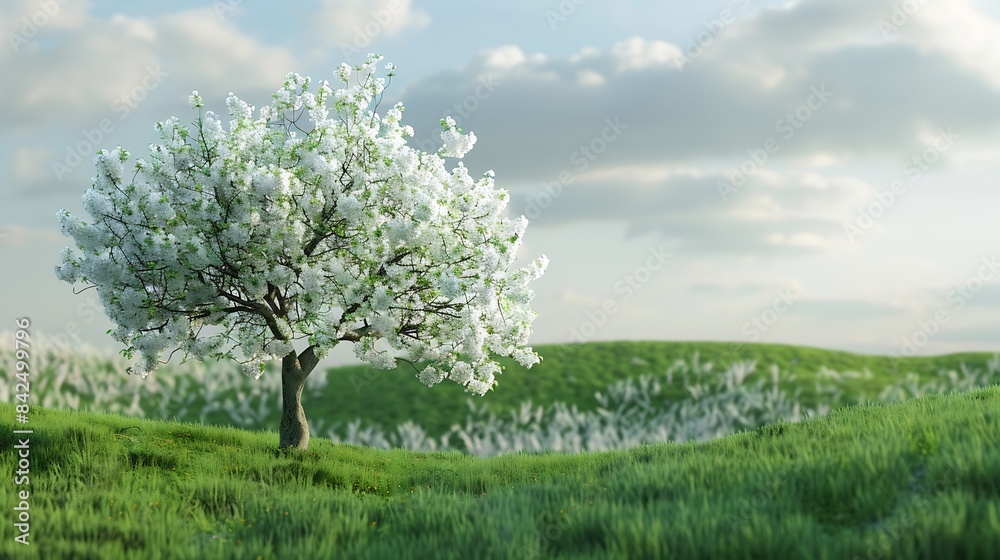 Aufkleber white blooming tree in a green meadow first blooming tree of the year : generative ai