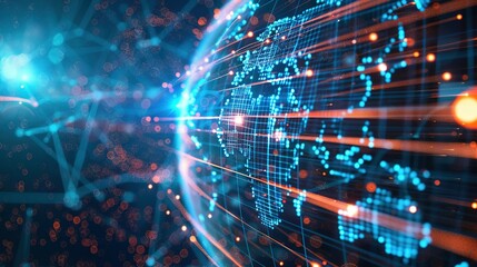 Digital world globe representing global network and connectivity on Earth, featuring high-speed data transfer, cyber technology, information exchange, and international telecommunications.
