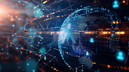Digital world globe representing global network and connectivity on Earth, featuring high-speed data transfer, cyber technology, information exchange, and international telecommunications.