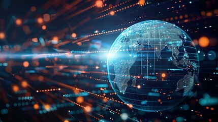 Obraz premium Digital world globe representing global network and connectivity on Earth, featuring high-speed data transfer, cyber technology, information exchange, and international telecommunications.