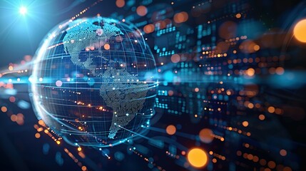 Digital world globe representing global network and connectivity on Earth, featuring high-speed data transfer, cyber technology, information exchange, and international telecommunications.