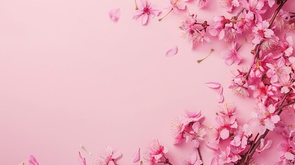 Fototapeta premium Spring cherry tree in bloom creative layout Sakura pink flowers in springtime background Beauty in nature Design element Top view flat lay : Generative AI