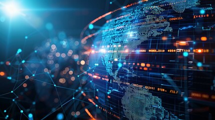 Fototapeta premium Digital world globe representing global network and connectivity on Earth, featuring high-speed data transfer, cyber technology, information exchange, and international telecommunications.