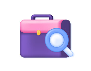 search for job vacancies. find a job. job vacancy. hiring and recruitment of workers. illustration of briefcase with magnifying glass. symbol or icon. minimalist 3d concept design. graphic elements