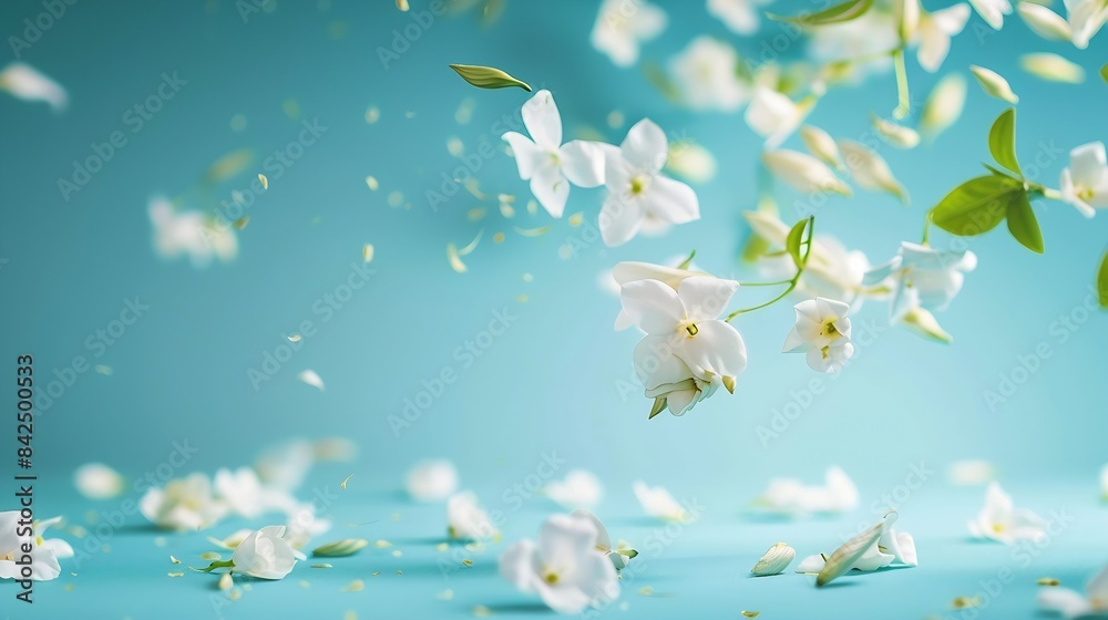 Poster jasmine bloom a beautifull white flower of jasmine falling in the air isolated on blue background le