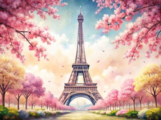 Watercolor painting of the Eiffel Tower surrounded by cherry blossom trees in spring in Paris, Eiffel Tower, watercolor, painting, cherry blossom, trees, spring, Paris, France, art, pink