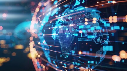 Digital world globe representing global network and connectivity on Earth, featuring high-speed data transfer, cyber technology, information exchange, and international telecommunications.