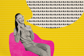 Composite photo collage of happy girl sit armchair speak iphone device blablabla concept...