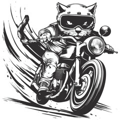Playful cartoon cat speeding on a motorbike in vector artwork