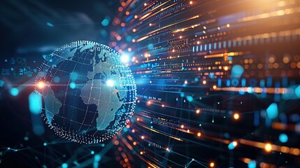 Fototapeta premium Digital world globe representing global network and connectivity on Earth, featuring high-speed data transfer, cyber technology, information exchange, and international telecommunications.