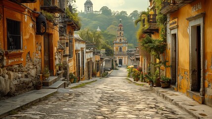 Fototapeta premium Cobblestone Street in a Mexican Town at Sunrise With a Church in the Distance