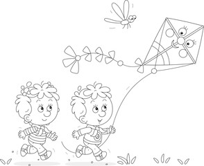 Happy little boy and girl flying a funny toy kite on a playground in a park on a summer vacation, black and white vector cartoon illustration for a coloring book