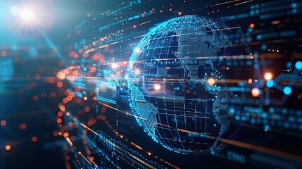 Fototapeta premium Digital world globe representing global network and connectivity on Earth, featuring high-speed data transfer, cyber technology, information exchange, and international telecommunications.