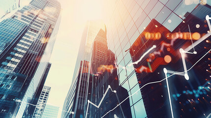A stock market graph and skyscrapers in double exposure, representing business growth or financial success.