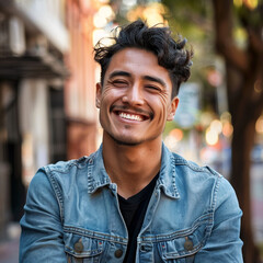 Attractive giggling Hispanic man standing during mid-day 