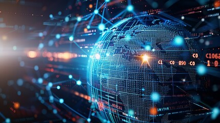 Fototapeta premium Digital world globe representing global network and connectivity on Earth, featuring high-speed data transfer, cyber technology, information exchange, and international telecommunications.