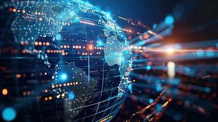 Digital world globe representing global network and connectivity on Earth, featuring high-speed data transfer, cyber technology, information exchange, and international telecommunications.