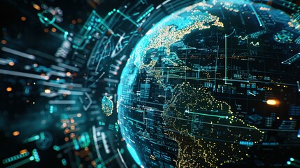 Fototapeta premium Digital world globe representing global network and connectivity on Earth, featuring high-speed data transfer, cyber technology, information exchange, and international telecommunications.
