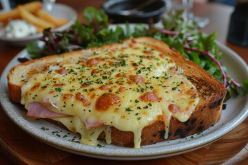 Croque Monsieur A Croque Monsieur sandwich with melted cheese and ham, topped with a golden bechamel sauce. Served with a side of mixed greens.
