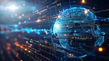 Digital world globe representing global network and connectivity on Earth, featuring high-speed data transfer, cyber technology, information exchange, and international telecommunications.