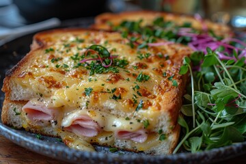 Croque Monsieur A Croque Monsieur sandwich with melted cheese and ham, topped with a golden bechamel sauce. Served with a side of mixed greens.
