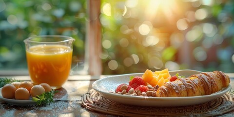 Sunny Morning Breakfast With Croissant and Fruit. Generative AI